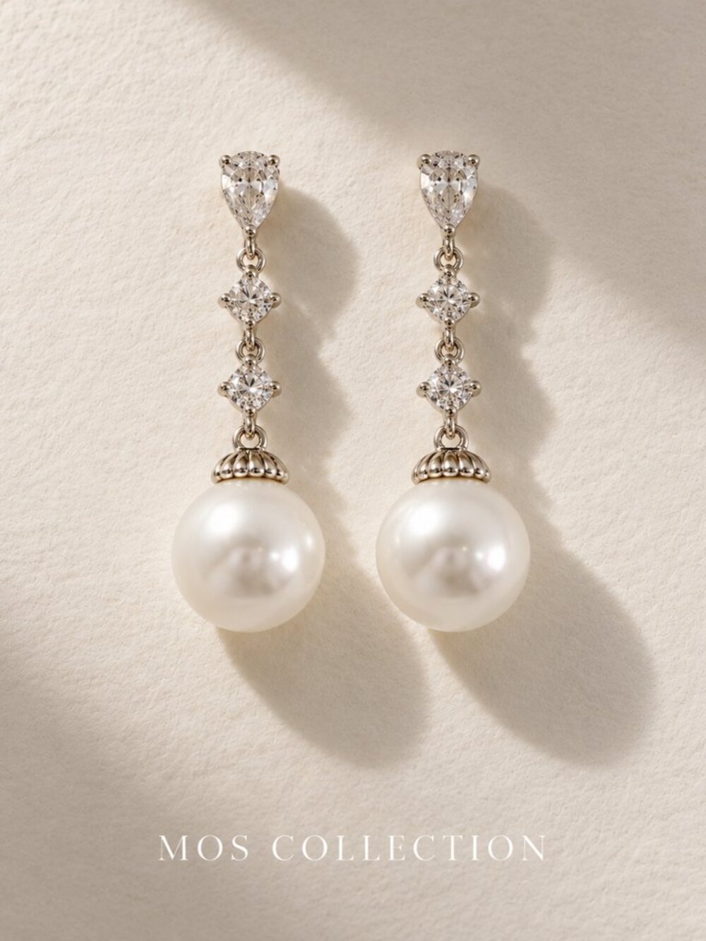 Pearl Crystal Drop Earrings Silver Statement Jewelry MOS COLLECTION